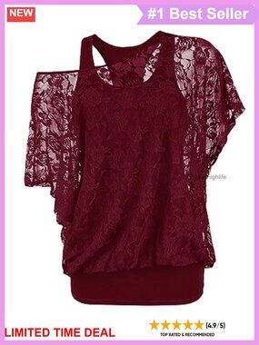 Plus Size Sheer Lace Blouse and Tank Top Set Short Sleeve Scoop Neck Tunic